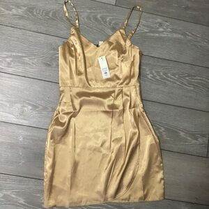 NWT Francesca’s Studio 19 Shiny Gold Faux Wrap Sleeveless Mini Dress XS